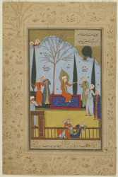 As criadas de Zulaykha entretêm Yusuf no jardim, c.1575