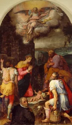 Adoração de Pastores, por Peter Candid (1548-1628), óleo sobre painel, 248x162 cm