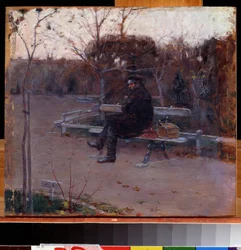 No Boulevard. Um homem sentado sozinho num banco ao frio, com um feixe e uma caixa de ferramentas ao seu lado. Pintura de Pyotr Alexandrovich Nilus (Pierre Nilous) (Nilouss) (1869-1940/1943), óleo sobre tela