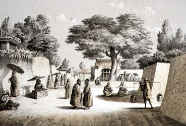 Rua em Napha, Lew Chew, gravada por T. Sinclair (litho tingido)