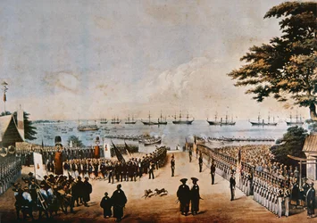 Comodoro Perry desembarca no Japão para se encontrar com os Comissários Imperiais em Yokohama, 8 de março de 1854