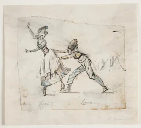 Anine Frölich e Pierre Jean Laurent em um ato do balé "Gypsy camp" de Galeotti, Den kgl. Palco Dinamarquês