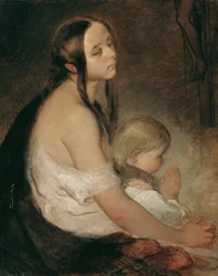 Mãe com filho sob o crucifixo