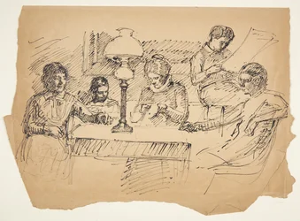 A família do artista sentada ao redor de uma mesa com um lampião de querosene