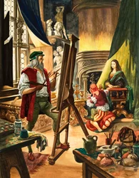 Leonardo da Vinci pintando o retrato da Mona Lisa