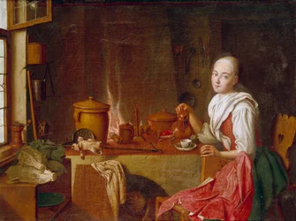 Senhora na sua cozinha Uma jovem mulher sentada num café em frente à lareira. Pintura de Peter Jacob Horemans (1700-1776) (ec.flam.) Munique do século XVIII. Alte Pinakothek
