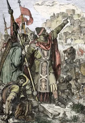 Invasão Bárbara: "O rei dos hunos Átila (406-453) prende para cercar a cidade de Aquilee em Itália assiste com os seus soldados