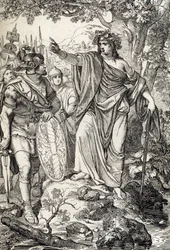 Campanhas de Germanicus: "Nero Claudius Drusus Germanicus (38-9 AC) e o seu exército encontra uma jovem mulher nas regiões entre os rios Weser e Elba, por volta de 12 AC" (Conquista da Germânia: o romance general Nero Claudius Drusus Germanicus e o seu exé