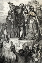 Celebração da primeira Festa da Federação em 14 de julho de 1790 no Altar da Pátria, no Campo de Marte, por ocasião do primeiro aniversário da tomada da Bastilha: o rei Luís XVI, rodeado pela sua família, presta juramento sobre a constituição