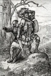 Duque Leopoldo I da Áustria, Senhor dos Habsburgos salvo por um dos seus companheiros na Batalha de Morgarten em 15 de Novembro de 1315 contra os confederados suíços, Suíça (a Batalha de Morgarten em 15 de Novembro de 1315, Leopoldo I, Duque da Áustria sal