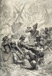 Expedição do Egipto: A Destruição do Oriente na Batalha do Nilo (Batalha de Aboukir) em Agosto de 1798 (Batalha da Baía de Aboukir: a Destruição do Oriente na Batalha do Nilo, Agosto de 1798) Desenho de penas de "Historische Memorabilian des In