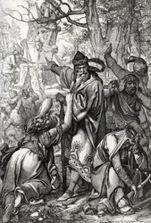 Imperador Carlos Magno (ca. 742-814) em guerra contra os saxões, 772 (Imperador Carlos Magno) durante as guerras dos saxões, 772) Desenho de penas do "Historische Memorabilian des In-und Auslandes" (Recordações Históricas) de Anton Ziegler