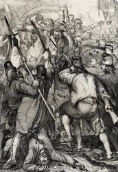 Revolução Francesa: a população armada e furiosa entra pela ponte levadiça e assassina a guarnição e o governador durante o assalto à Bastilha