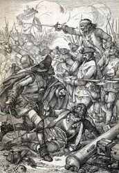 Grande Guerra do Norte: "A Batalha de Poltava (ou Pultawa) entre a Armee de Pedro I da Rússia e as tropas de Carlos XII da Suécia, 8/07/1709" (Grande Guerra do Norte: Batalha de Poltava, 8 de Julho de 1709) Desenho de penas de "Historische Memorabilian des