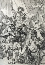 Heptarchy: "representação do líder anglo-saxão Hengist (século V) a matar os seus inimigos para fundar o reino de Kent, cerca de 461" (heptarquia saxónica: líder anglo-saxão Hengist (ou Hengest) matando os seus inimigos durante a invasão da Bretanha, cerca