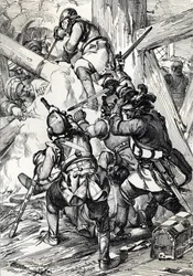 Rei Carlos (ou Carl) XII da Suécia (1682-1718) defendendo contra os turcos em Bender (Bendery) Fevereiro 1713, Moldaie (Exilado Rei Carlos (Carl) XII da Suécia defendendo contra as multidões e os Janissários Otomanos, Bender, Fevereiro 1713) Desenho de uma