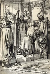 O Rei Henrique II de Inglaterra (1133-1189) implica no assassinato de Thomas Becket a penitência da fé no túmulo do arcebispo