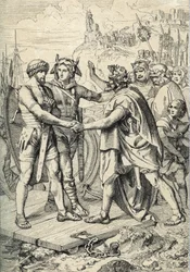 Aterragem de Hengest e Horsa, figuras da lenda anglo-saxónica, que regista os dois como os irmãos germânicos que lideraram os exércitos anglo-saxónicos, saxónicos e jutistas que conquistaram os primeiros territórios da Grã-Bretanha no século V Desenho da c