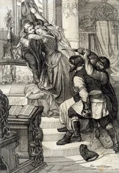 Revolta de Moscovo de 1682 (levantamento da estria de 1682): A czarina Natalia Narychkina protegendo o seu filho Príncipe Pedro (1672-1725) dos ataques das raias (streltsy), Rússia (Levante da revolta de Moscovo de 1682 ou Levante da raia de 1682: A czarin