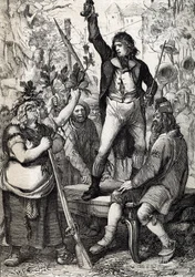Eclosão da Revolução Francesa em 1789: a população reunida é exortada a escolher a cor de uma cocarda e a pegar em armas