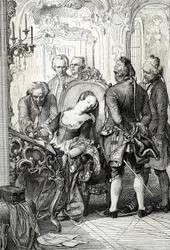 A rainha Carolina Matilde da Dinamarca (1751-1775), obrigada a assinar os documentos do divórcio após a sua relação extraconjugal em 1772. Desenho a pena