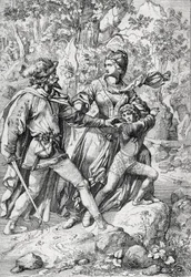 Rainha de Inglaterra Margarida de Anjou (1430-1482) e seu filho Eduardo resgatado por um ladrão durante o seu voo após o triunfo dos Yorkistas