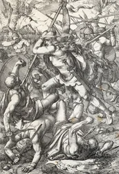 Representação de Pelágio, o Conquistador (Pelágio ou Pelayo) (falecido em 737), rei das Astúrias, triunfante contra os sarracenos, 719, Covadonga, Espanha (rei Pelágio das Astúrias, nobre visigodo que fundou o Reino das Astúrias, combatendo os mouros