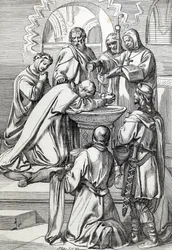 Representação de Santo Agostinho da Cantuária (falecido 604), enviado à Inglaterra pelo Papa Gregoire o Grande em 596 para converter os anglo-saxões - Está aqui perante Ethelbert, rei anglo-saxão de Kent (552? -616) que baptizou em 597 (Agostinho, primeiro