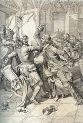 Revolta Streltsy: prisão de membros dos regimentos Streltsy (strelets) após o seu levantamento em 1698 contra as inovações progressivas do czar Pedro o Grande, Rússia (revolta Streltsy: suspeitos de serem membros dos regimentos Streltsy de Moscovo presos a