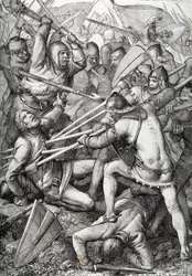 A Batalha de Sempach travada em 9 de Julho de 1386, entre Leopoldo III, Duque da Áustria e a Antiga Confederação Suíça, desenhando uma caneta tirada de "Historische Memorabilian des In-und Auslandes" (Memórias históricas) por Anton Ziegler