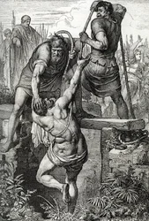 O imperador bizantino Zenon (425-491) regressou a Constantinopla com o usurpador Flavius Basiliscus (Basilisco) preso com a sua família, 477 (morto de Basilisco fechado numa cisterna seca, para morrer de exposição, pelo imperador romano Zeno, 477) Desenho 