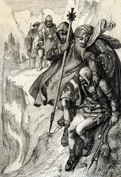 O Rei dos Romanos Henrique IV passando o desfiladeiro do Monte Cenis para atravessar os Alpes e ir até à Condessa Mathilde da Toscana para Canossa onde o Papa Gregoire VII, Janeiro de 1077" (Henrique IV atravessou os Alpes pelo desfiladeiro do Monte Cenis 