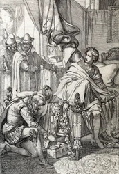 A prisão de Carlos da Áustria (1545-1568) (Don Carlos) filho de Filipe II de Espanha em 1568 pelos homens do seu pai (Carlos, Príncipe das Astúrias filho mais velho e herdeiro do Rei Filipe II de Espanha preso pelo seu pai no início de 1568) Desenho de uma