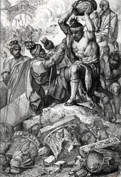 O saco de Roma (Itália), em 410, retirado da cidade e saqueado pelos visigodos liderados por Alaric (370-410) (Saco de Roma pelos visigodos liderados por Alaric I em 410, durante o reinado do Imperador Honório) Desenho de uma caneta tirada de "Historische 