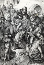 As mulheres fiéis de Weinsberg (Treue Weiber von Weinsberg): as esposas dos soldados derrotados no cerco de Weinsberg por Conrado III de Hohenstaufen em 1140 carregam os seus maridos às costas, Alemanha (As esposas fiéis durante o cerco de Weinsberg