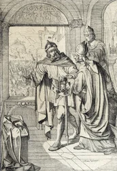 Os primeiros membros da Dinastia dos Habsburgos Radbot e da Eveque Werner na altura da construção da casa dos Habsburgos, em Aargau, Suíça