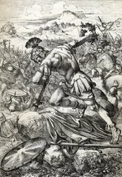 O suicídio do general romano Varus (Publius Quinctilius Varus) (46 a.C.-9 d.C.) na sua espada na Batalha de Teutoburg (Teutoburger Wald ou Teutberg) opondo os romanos aos alemães em 9 d.C. (Suicídio do general romano Varus na Batalha de Teutoburg por