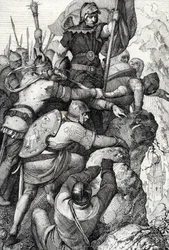 As tropas de Othon I de Baviere (1117-1183) perto de Verona, Itália 1155 (Otto I, Duque da Baviera e seu exército perto de Verona, Itália 1155) Desenho de penas de "Historische Memorabilian des In-und Auslandes" (Lembranças Históricas) de Anton Ziegler