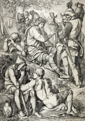 Guerra contra os Vikings: "O rei de Wessex Alfredo I o Grande (846-899) disfarçado de harpista entra no campo de Guthrum para derobrar os seus planos de batalha, Somerset 878 (Rei Alfredo o Grande, disfarçado de músico, vendo a situação do inimigo nos dina