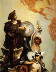 Cristóvão Colombo (1451-1506), pormenor de Alegoria sobre Carlos V de Habsburgo (1500-1558) como Governante do mundo, pintura de Peter Johann Nepomuk Geiger (1805-1880), Sala do Trono, Castelo de Miramare, Trieste, Friuli-Venezia Giulia, Itália