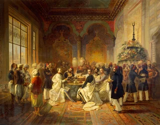 Almoço oferecido em Esmirna por Halim Pasha, ilustração da viagem de Maximiliano de Habsburgo e do seu irmão Charles Louis no Mediterrâneo, por Peter Johann Nepomuk Geiger