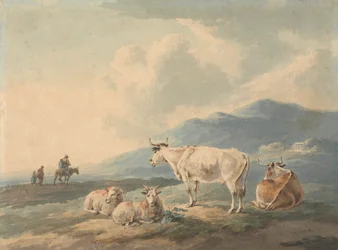 Paisagem de montanha: com vacas e cabras em primeiro plano e figuras, à esquerda