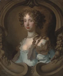Retrato de Lady Frances Norcliffe (1654-1731), à altura do busto, com um vestido azul claro com um fecho de pérolas, numa cartela esculpida (óleo sobre tela)