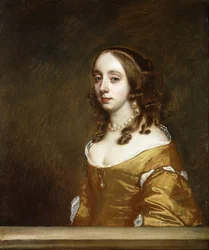 Retrato de uma senhora da família Popham, de comprimento médio, atrás de um caixão, usando um vestido laranja,