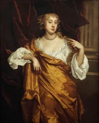 Retrato do Exmo. Mary Wharton, de três quartos, de camisa branca e túnica amarela, por uma coluna drapeada marrom,