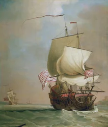 Um navio comercial da Companhia Britânica das Índias Orientais. Óleo sobre tela, cerca de 1720, de Peter Monamy (1681-1749).