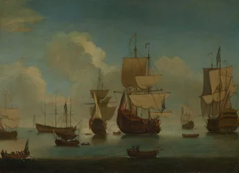 Navios de guerra ingleses ancorados numa calma, secando as velas, início do século XVIII (óleo sobre tela)