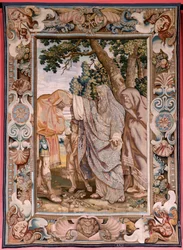 Tapeçaria flamenga. História da série do cônsul Decius Mus. Valerius abençoa Decius. A quarta tapeçaria da série. Modelo PP Rubens. ; Fabrico Jan Raes II, Bruxelas. Ca 1620-1629. Tecido Ouro, prata, seda e lã. Tamanho 405 x 330 cm. Localização Royal Pal