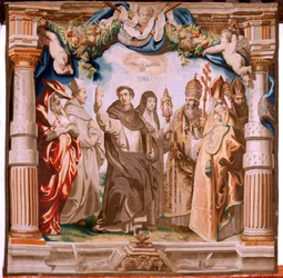 tapeçaria flamenga. Série O Triunfo da Eucaristia. Os Defensores da Eucaristia (os defensores de la Eucaristía). Décima tapeçaria da série. Modelo Peter Paul Rubens. 1626-1628. Manufatura Jan II Raes, Hans Vervoert, Jacques Fobert, Bruxelas