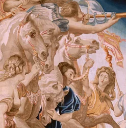 tapeçaria flamenga. Série O Triunfo da Eucaristia. O Triunfo da Igreja (El Triunfo de la Iglesia). Oitava tapeçaria da série. Modelo Peter Paul Rubens. 1626-1628. Manufatura Jan II Raes, Bruxelas